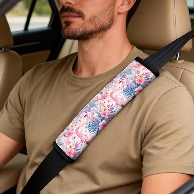 Qeluxign Car Seat Covers Full Set Universal Fit Flamingo Tropical Floral Auto Front Seat Covers and Seatbelt Pads Armrest Cushion Gifts for Women Protect Your Car Interior