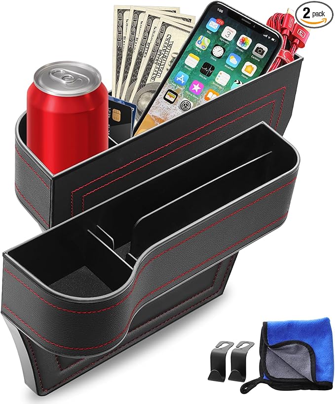 LEYACS Car Seat Gap Filler, Car Seat Organizer with Cup Holder, Car Seat Gap Filler Organizer with 2 Seat Back Hooks for Phones, Keys, Cards, Canned Drinks, Ideal for Car storage Box - 2 Pack