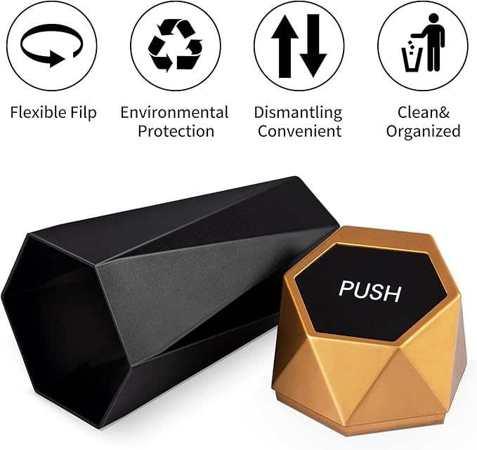 JUSTTOP Car Trash Can with Lid, Mini Diamond Design Portable Trash Can, Plastic Material and Multipurpose Organizers for Car,Home,Office(Gold)