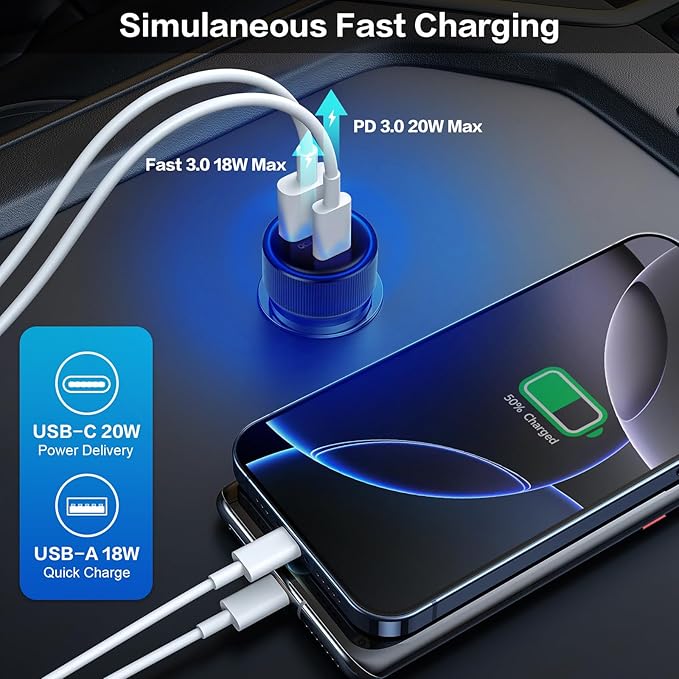 38W USB C Car Charger Fast Charging, 3Pack Cigarette Lighter Adapter, Car Phone Charger, Boxeroo Multi Port PD/QC 3.0 Cargador para Carro, 12v USB Outlet for iPhone 16e/16/15/14/13/12 Pro,Samsung