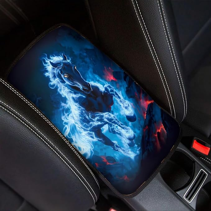 Fire Horse Print Armrest Cover Pad for Car Scratch Proof Decorative Vehicle Center Console Armrest Cover Pad Suitable for Most Vehicle Truck SUV Sedan