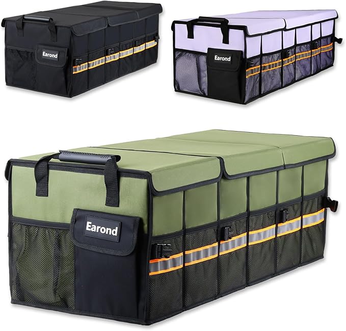 EAROND Car Trunk Organizer with Lid,Collapsible Car Storage Organizer with Multi Compartments and Securing Straps for SUV,Sedan,Jeep-Green