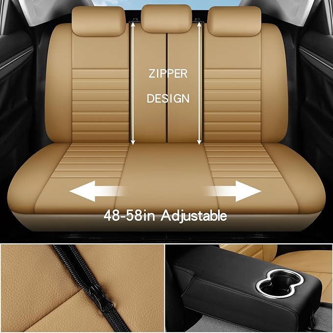 crossmiles Faux Leather Car Seat Covers Full Set, Foam Seat Cover for Car, Universal Car Seat Protector with Waterproof and Breath Fit for Cars, Trucks, SUV, Vans (Beige-Striped)