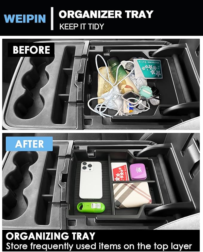 For 2PCS Center Console Upper&Lower Armrest Organizer ABS Materials Compatible with 2014–2019 Chevy Silverado/GMC Sierra 1500&2015–2019 Silverado/Sierra 2500HD/3500HD - Split-Bench Folding Seat