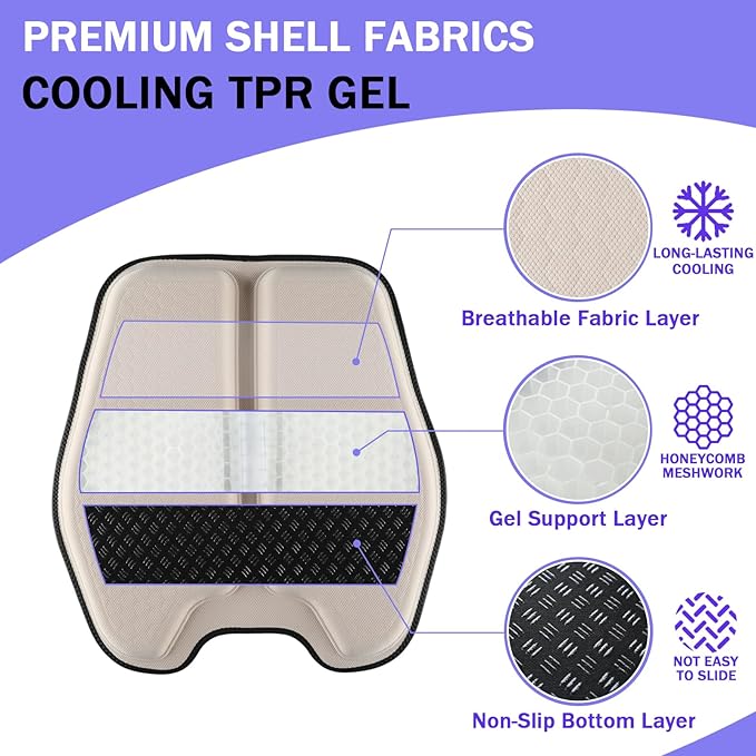Soft Thin Gel Seat Cushion for Car Seat, Office Chair, Wheelchair, Stadium - Non-Slip Car Seat Cushions with 1 Inch Gel - Sciatica & Tailbone Pain Relief (Beige)