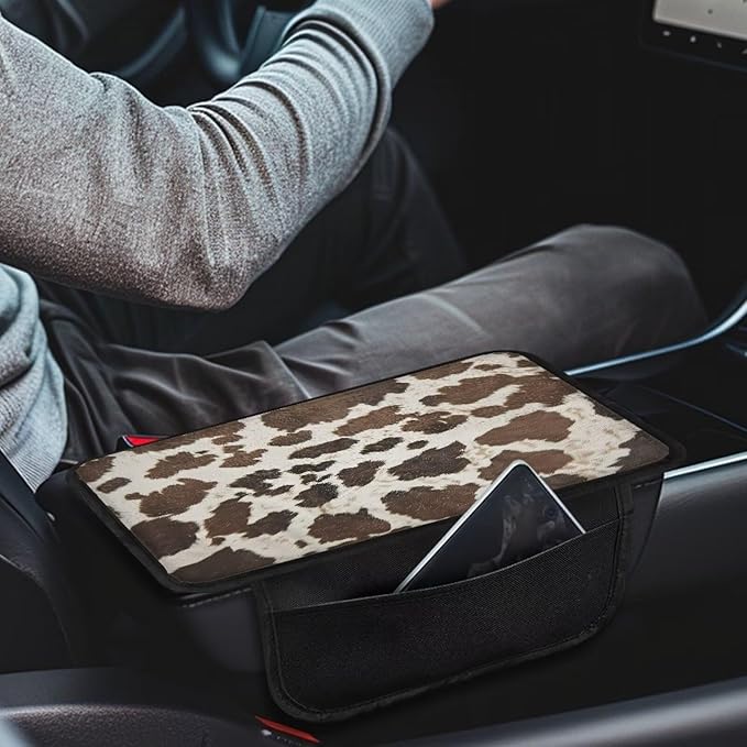Boatee Cow Print Auto Center Console Cover Armrest Pad for Car Console Mat Universal Arm Rest Organizer for Vehicle Interior Protector Automotive Accessories Stylish Armrest Storage Box Mat Brown