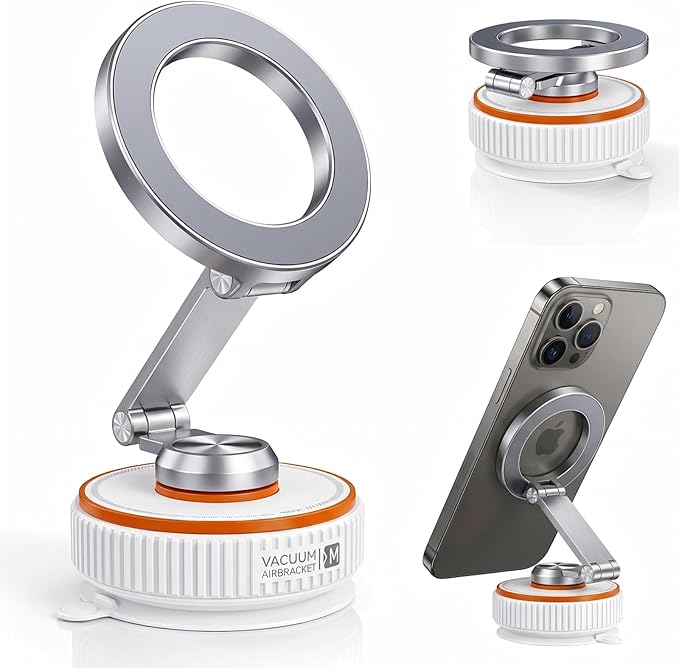 makecatch Vacuum Magnetic Car Phone Mount, 120+ LB Vacuum Suction & 3000gf Magnetic Force, 360° Triple-Axis Adjustable Car Holder for iPhone & All Phones, Twist-Lock Suction Cup, Quick-Release – White