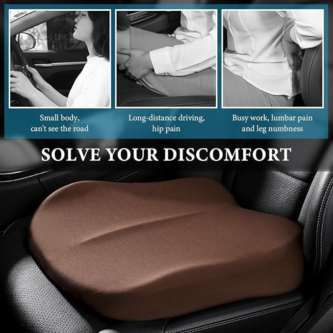 Car Seat Cushion, Comfort Ergonomic Memory Foam Seat Cushion for Tailbone Back Pain Relief, Breathable Car Cushion Suitable for Short People Driver to Get Better View (Coffee)