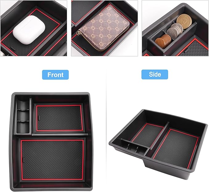 Coleya 2024 2025 2026 Tacoma Center Console Organizer for Toyota Tacoma (All Trims), Durable ABS Plastic&Anti-slip Rubber Console Tray Glove Insert 2026 2025 Tacoma Accessories (with Red Mats)