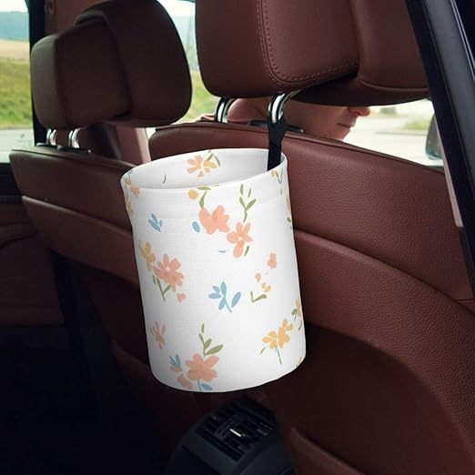 Kaifanee Car Trash Can Hanging, Yellow and Pink Floral Fragments Waterproof Auto Garbage Bin Universal Vehicle Waste Container, 3.5L Capacity