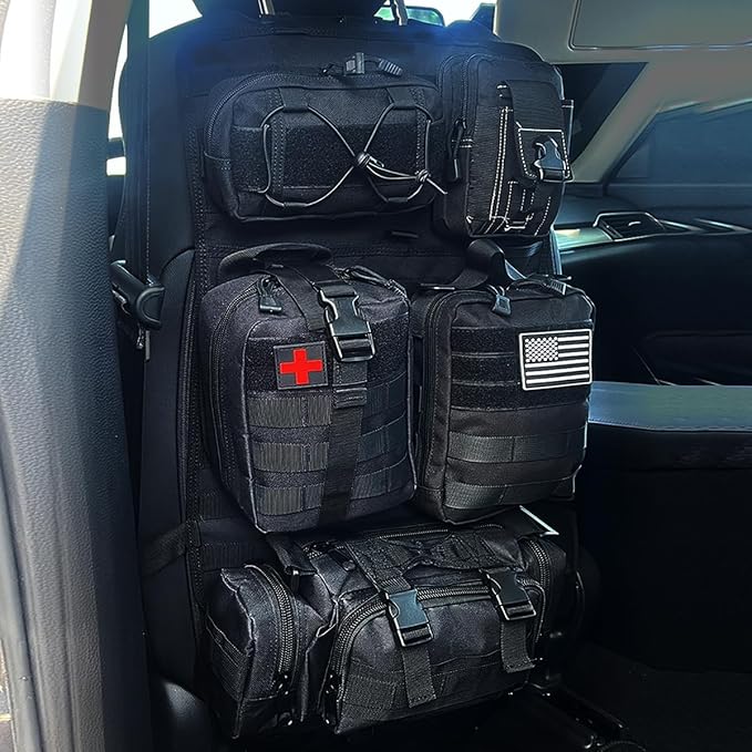 BEATUNEE Universal Tactical Front Seat Back Organizer with 5 detachable Molle Storage Bag/Hanger Bag,Applicable to all vehicle (Black)