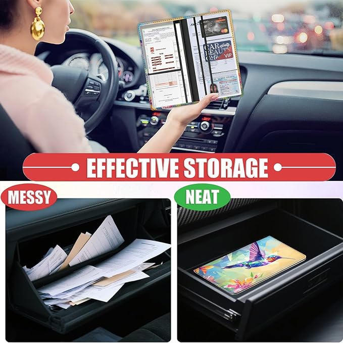 Car Registration Holder, PU Leather Vehicle Card Document Glove Box Organizer, Women Interior Auto Accessories Case for Cards, Driver License Car Insurance Holder, Colorful Hummingbird Abstract