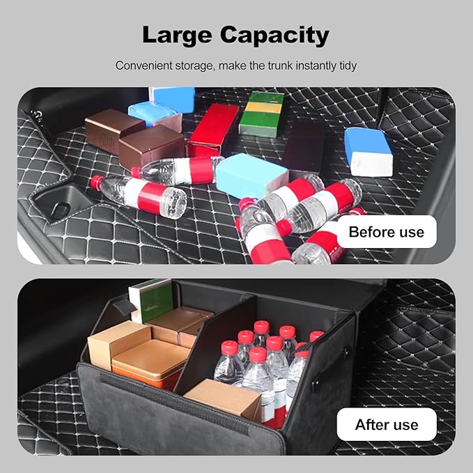 Ergocar Car Trunk Organizer, Car Boot Organiser Collapsible with Lid, Multi-Compartment Car Trunk Organizer Box with Securing Straps and Handles, Non Slip Bottom, Essential Car Accessories