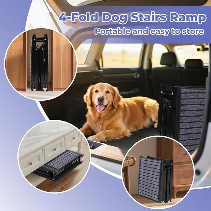 Rosvola Dog Car Ramp, Steps for Car, Portable Pet Stair Ramp with Non-Slip Surface for Car, SUV & Truck, Supports up to 150 Lbs, 600D Oxford Fabric