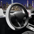 SEG Direct Flat Bottom Steering Wheel Cover, D Shaped Car Wheel Cover 14-14 1/4 in. (35.5-36 cm), for Tesla Model 3 / Y, for Camaro, Black White Embossed Microfiber Leather