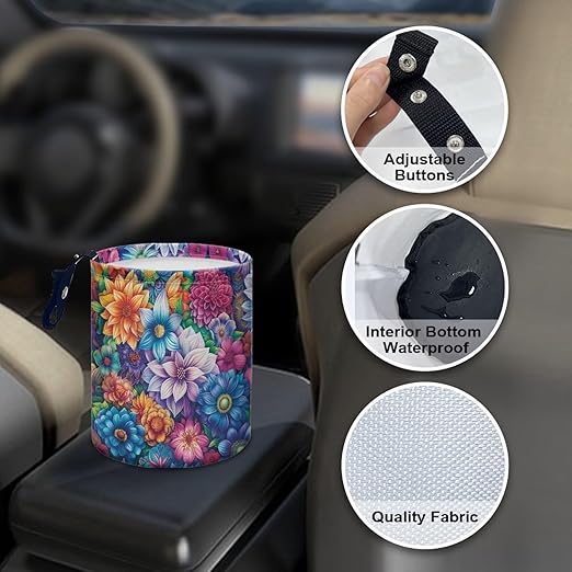 Brosoneto Hanging Portable Car Boho Flower Print Multipurpose Car Accessories Interior Universal Collapsible Back Seat, Front Console, Floor, or Hanging Headrest Waste Basket