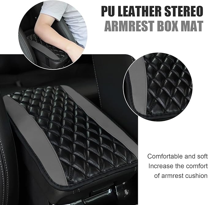 Car Center Console Cover, Patchwork Leather Center Console Cushion Pad, Waterproof Dustproof Auto Armrest Seat Box Cover Protector, Comfortable Armrest Pad for Car, Sedan, SUV, Van (Gray)