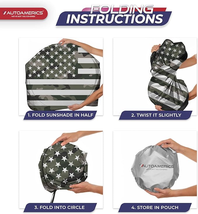 Autoamerics 1-Piece Windshield Sun Shade Green Camo American Flag USA Design - Foldable Car Front Window Sunshade for Most Sedans SUV Truck - Blocks Max UV Rays and Keeps Your Vehicle Cool - Small