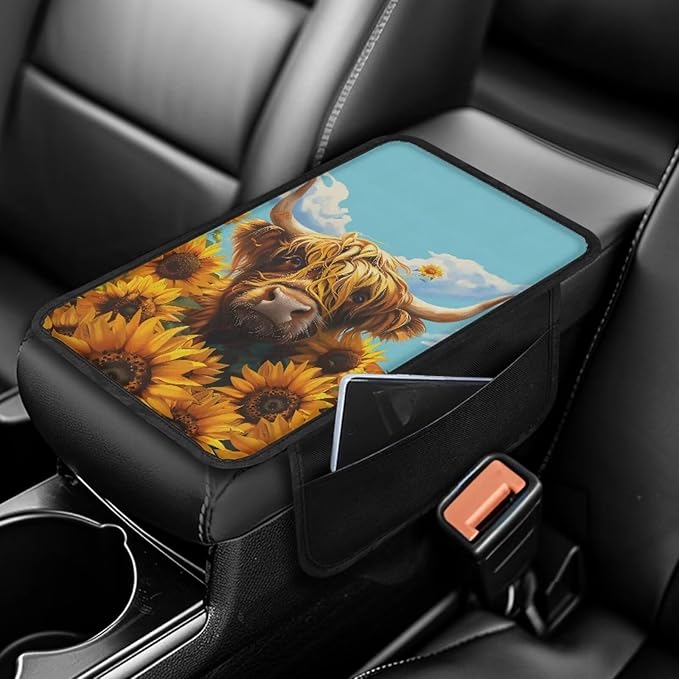 Boatee Highland Cattle Sunflower Arm Rest Cover for Car Center Console Organizer for Auto Armrest Pad Universal Console Mat Automotive Accessories Interior Set Stylish Armrest Storage Box Mat Blue