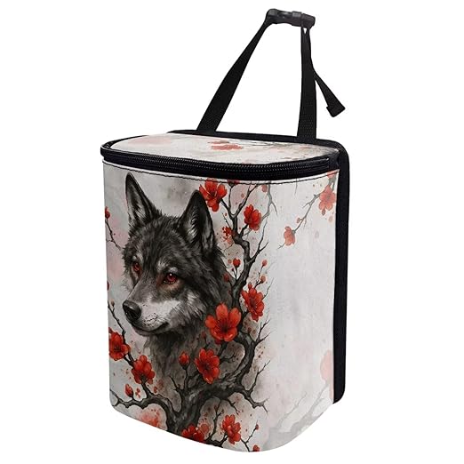 Talayituse Wolf Cherry Blossom Print Car Trash Can with Lid, Leak Proof Auto Trash Bag Hanging Vehicle Garbage Can Multipurpose Storage Container for Back Seat Road Trip