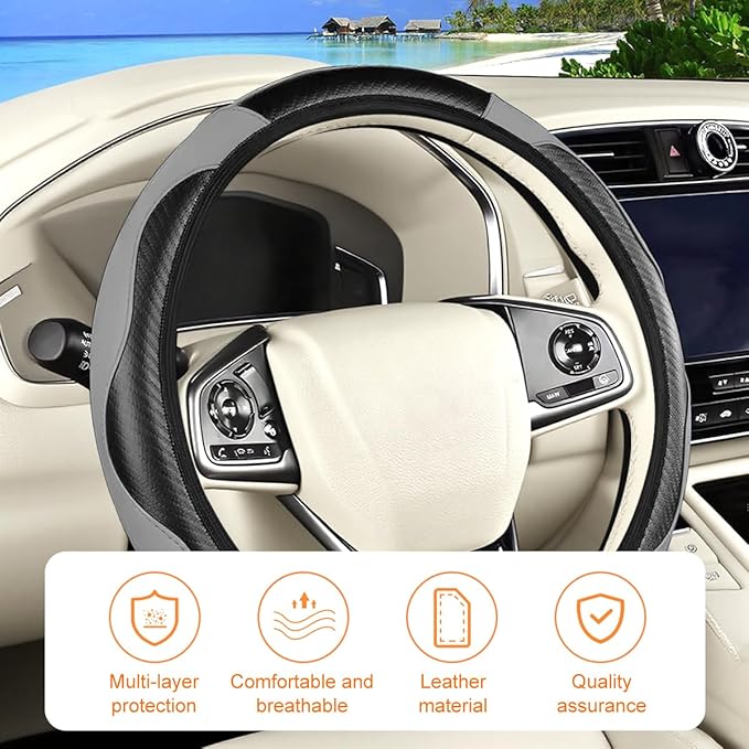 Carbon Fiber Car Steering Wheel Cover, 14.5-15 Inch Elastic Stretch Steering Wheel Guard, Sports Style Non-Slip Automotive Interior Accessories, Universal for Vehicles (Black/Gray)