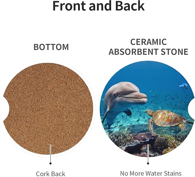 HUWAAI Dolphin Turtle Reef Ocean Car Cup Holder Coasters 2 Pack Universal 2.63 Inch Anti Slip Ceramic Absorbent Coaster with Cork Base and Finger Notch Cute Car Accessories Interior for Women