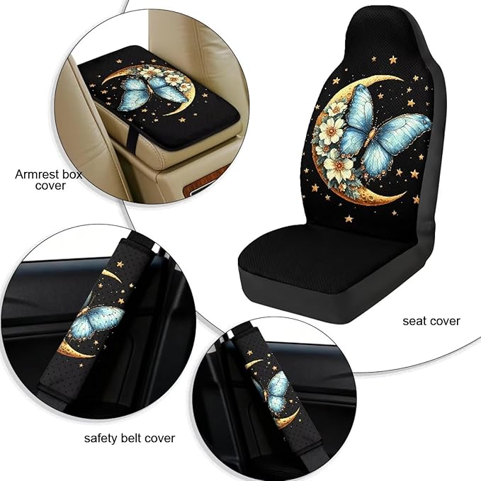 Qeluxign Car Seat Covers Butterfly Moon Star 2 Front Seats Universal Fit Center Console Protector Auto Seat Belt Cover Against Stains, Spills, Dust Car Interior Accessories 5 Piece Set