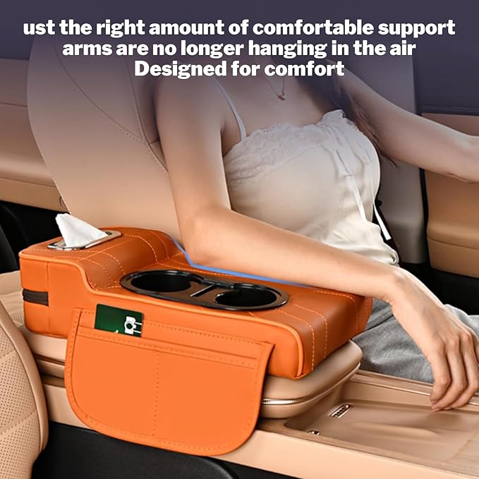 LAFANDE Car Armrest Cushion | Heightening Pad Arm Rest for Car, Center Console Cover with Storage Bags Cup Holder, Tissue Box Slot, Easy to Install and Clean