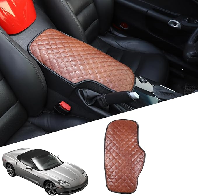 Car Arm Rest Cushion Pad Protector Compatible with Chevrolet Corvette C6 2005-2013 Car Center Armrest Cover,Leather Console lid Protector,Center Console Pad Anti-Scratch Accessories (Brown)