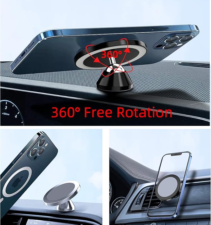 Magnetic Phone Holder for Car, [ 2 Groups Super Strong Magnet ] [ 360° Rotation ] Universal Dashboard Car Mount Holder Compatible with All Smartphones (Black)