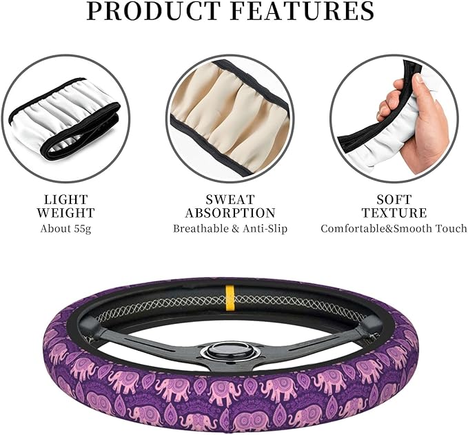 Purple Elephant Paisley Universal Fit Steering Wheel Cover for Car, Truck, and SUV, Durable Steering Wheel Protection