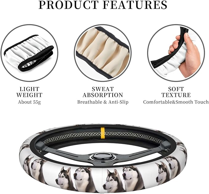 Elastic Steering Wheel Cover, Husky Dogs Car Wheel Covers for Women Men Anti-Slip Steering Wheel Protector Car Accessories, Universal 15 Inch Fit Auto, Suvs, Truck
