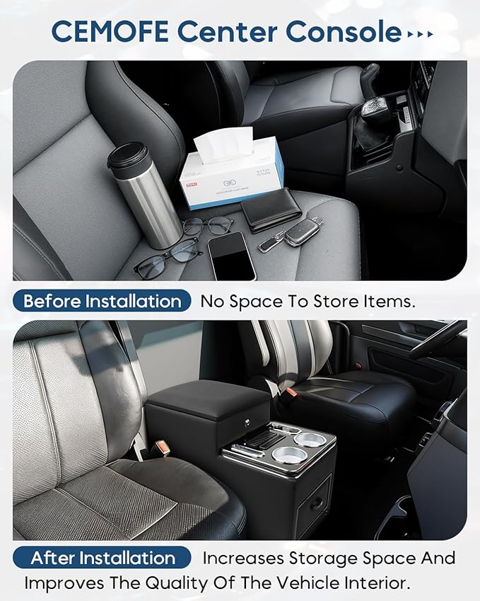 Center Console Between Seat with a Lock, Upgraded Center Console Organizer for Minivans, Truck & Motorhome, with Fast Phone Charging, 7-Color Adjustable LED Lighting and Cup & Phone Holder