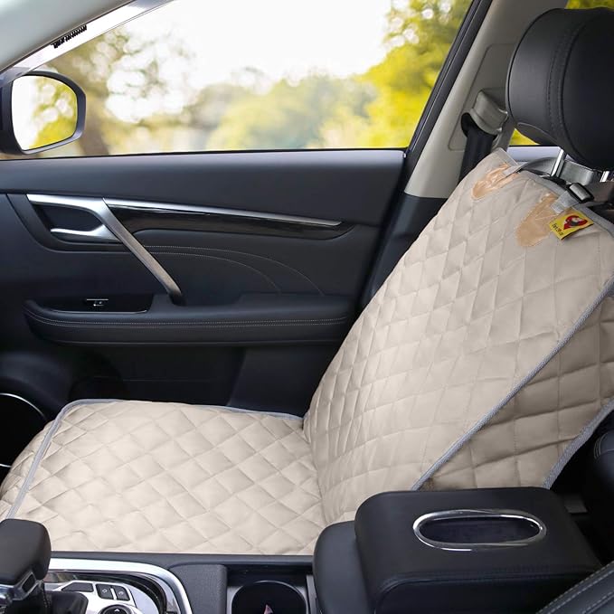 Bark Lover Deluxe Dog Seat Cover for Front Seat-More Durable Waterproof Front Seat Protector, High Heat Resistant and Nonslip Front Seat Cover for Dogs Kids, Universal Size (Beige)
