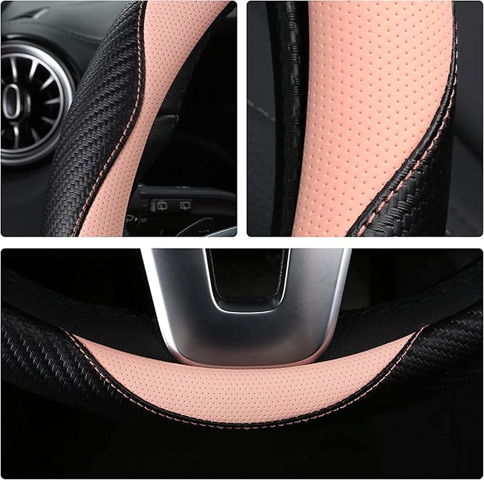 Car Steering Wheel Covers for Women Girl Padded Carbon Fiber PU Leather Cute Cartoon Auto Interior Accessories for Jeep, Truck, Universal, Anti Slip, Pink, Large Size, 15.2-16in
