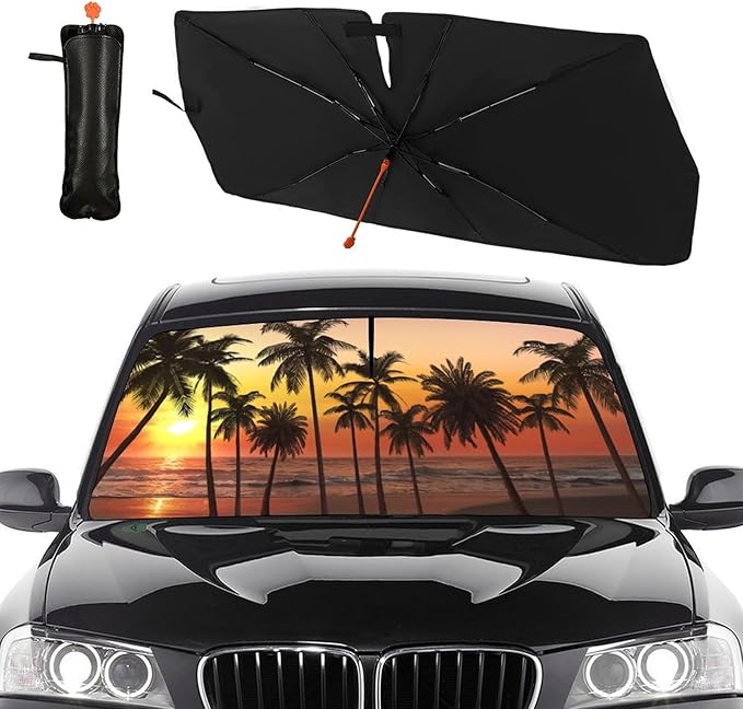 DOPINDU Sunset Palm Tree Car Windshield Sun Shade Umbrella Bendable Handle Foldable Funny Sunshade for Car Windshield Block UV Rays Keep Vehicle Cool for Most Sedans SUV Trucks Cars 57"x30"