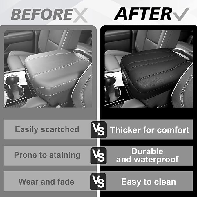 Muslogy Center Console Armrest Cover for 2019-2026 Chevy Silverado GMC Sierra, 2021-2025 2026 GMC Yukon& Chevy Tahoe/Suburban Comfort Armrest Pad Arm Rest Cushion Vegan Leather Protector Regular Thick