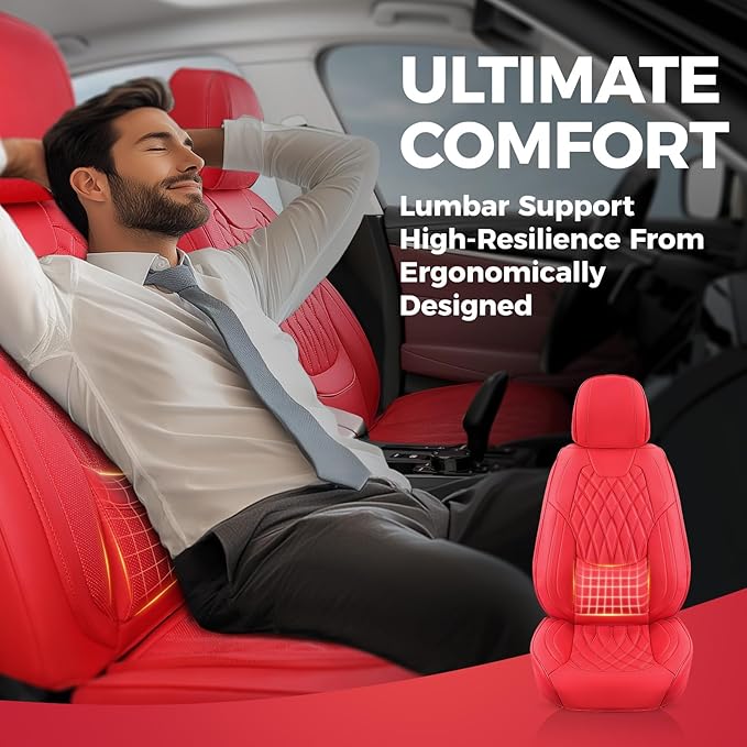 FREESOO Car Seat Covers Front Seats - Luxury Breathable Waterproof Faux Leather Car Seat Cover Protectors with Lumbar Support, Universal Fit for Most 5 Seats Vehicles Sedans Hatchbacks Pick-ups, Red
