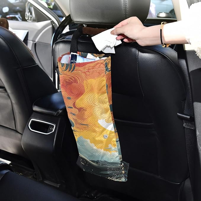 ALAZA Hanging Car Trash Bags Garbage Bag Trash Can for Back Seat Small Sun Wave Washable Storage Bag Retractable 2 Pack