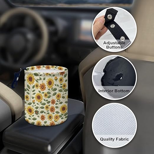 Brosoneto Sunflower Print Car Trash Can Portable Collapsible Back Seat, Front Seat, Floor, or Hanging Headrest Waste Basket Car Accessories Interior for Women