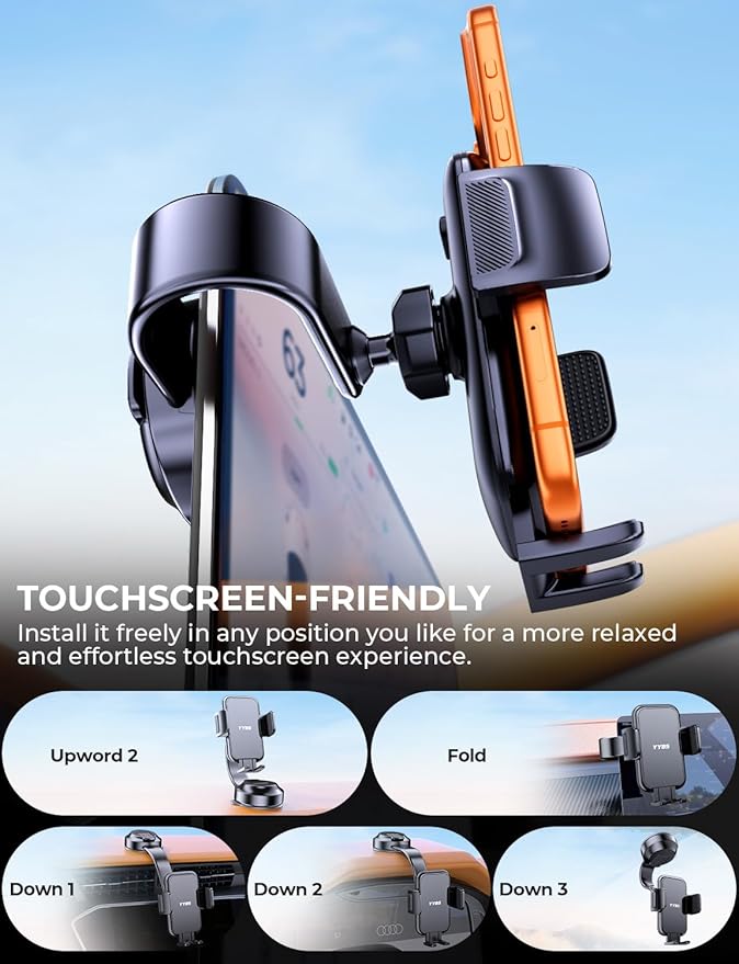 YYBS Car Dashboard Phone Holder for Windshield - Tesla Touch Screen Phone Mount with 360° Adjustable Aluminum Arm & Nano Adhesive Base for iPhone 17 Pro Max and All 4-7inch Smartphone (Black)