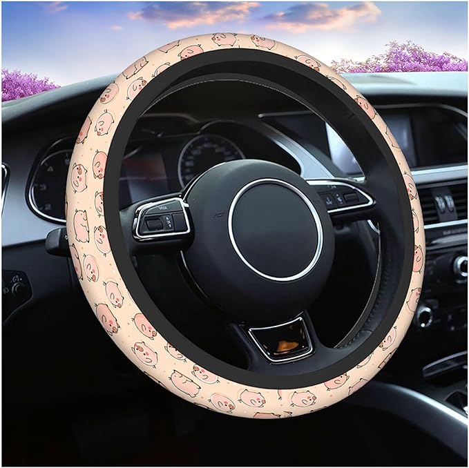 Swono Pig Cute Auto Car Steering Wheel Cover for Women Girls Funny Cartoon Cute Pigs Pink 15 Inch Steering Wheel Protector Case,Fits for Automotive Car SUV Sedans
