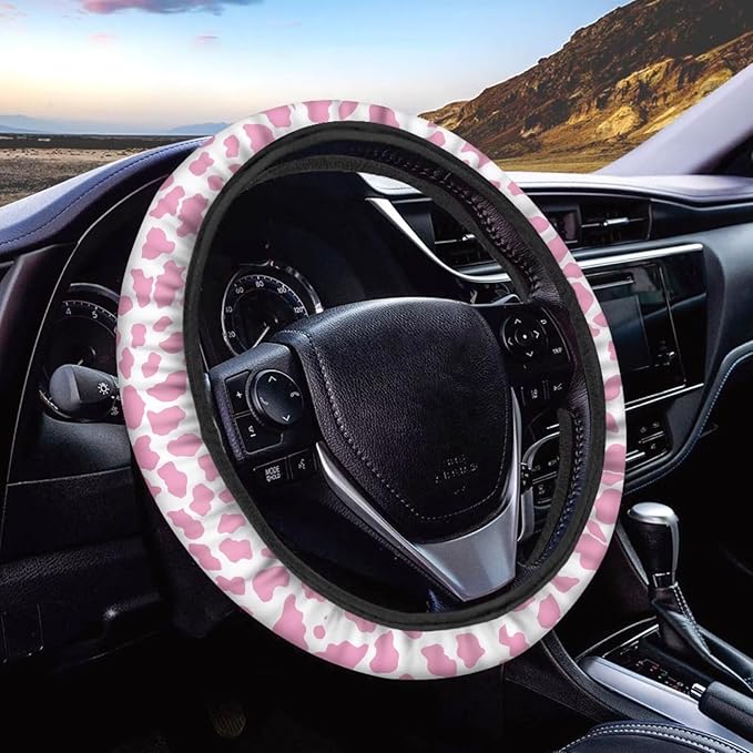 Universal Non-Slip Steering Wheel Cover, 15-inch Polyester Material Driving Accessories, Adjustable for Car and Truck(Pink White Cow Print)