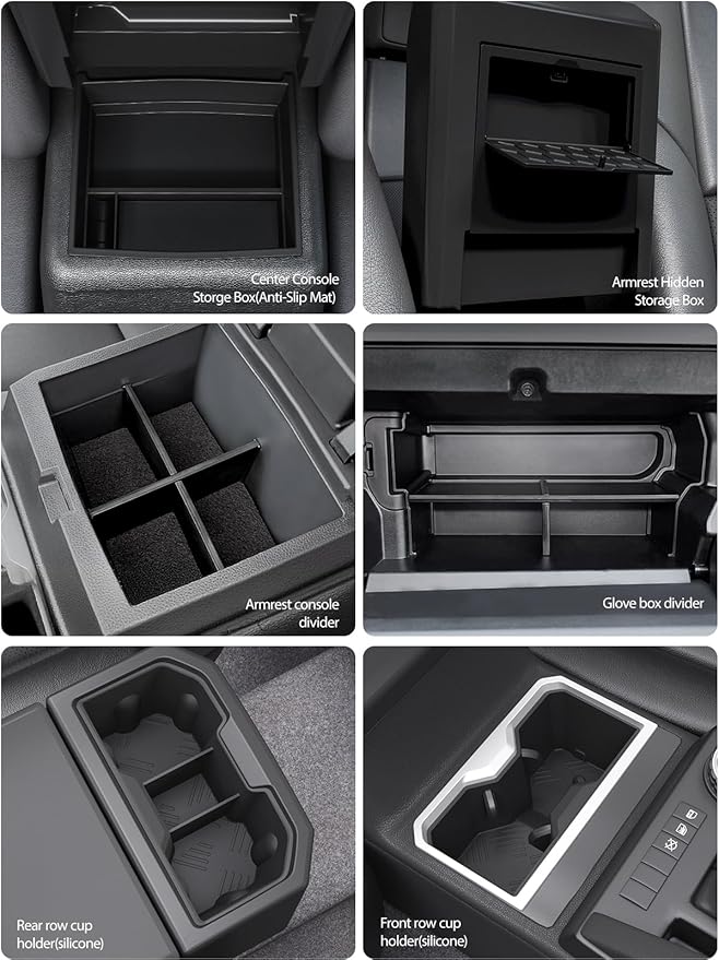 6PCS Center Console Organizer Tray for 2024 2025 Toyota Tacoma Accessories, Armrest Hidden Storage Box, Rear and Console Cup Holder Glove and Armrest Storage Box with Insert Divider for Toyota Tacoma