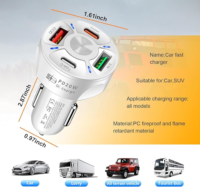 Augeny 4 Ports Car Fast Charging Charger Cigarette Lighter Adapter, Super Fast Auto Charging Cigarette Lighter Plug with QC 3.0, PD 20W, Type C, 3.1 A, Vehicle Phone Charger for Car SUV(White)