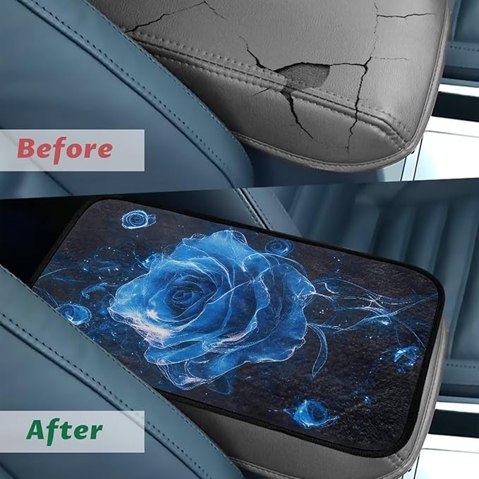 Bulopur Blue Rose Auto Armrest Console Cover Flannel Arm Rest Cover Car Flannel Warmth Car Console Covers Protect from Pet Claws for Most Vehicle, SUV, Truck, Car