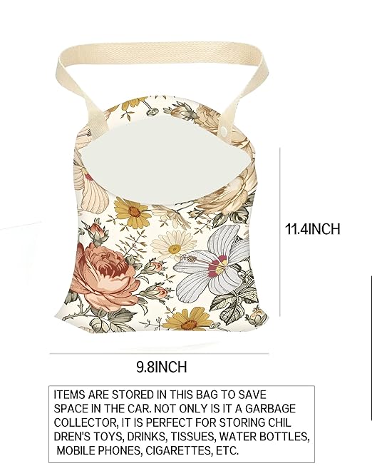 ANKVRP Car Trash Can, Durable Hanging Car Trash Garbage Bag, Cute Automotive Garbage Cans Organizer, Retro White Flowers