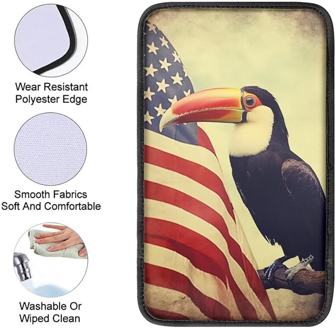 Car Center Console Pad, Universal Waterproof Car Armrest Seat Box Cover, Car Interior Accessories for Most Vehicle SUV Truck Vintage American Flag Toucan Car Armrest Pad