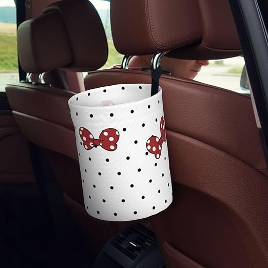 Cute White Polka Dots Red Bow Car Trash Can Garbage Cans Foldable,Small Hanging Car Organizer Storage Bag Leak Proof, Auto Back Seat Trash Bin Universal for Truck, SUV, Outdoor Travel
