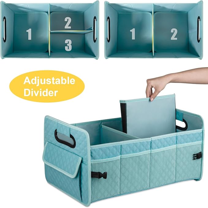 JiatuA Car Trunk Organizers and Storage for SUV, Collapsible Multi Compartment Container Box Adjustable Car Accessories for Women Men, Lake Blue